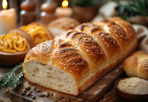 Loaf of bread is cut into slices on wooden cutting board surrounded by other breads candles and bowl of lentils.