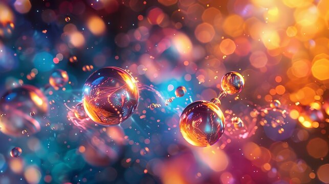 Artistic depiction of hydrogen atoms converting into fuel, bright and dynamic, abstract, vibrant hues