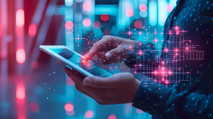 Various graph data visualizations appear on the screen. Graphs and charts, including line graphs, bar graphs, and pie charts, are displayed in various bright colors on the blue background.