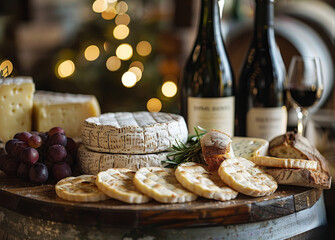 Delicious cheese platter with selection of cheeses grapes and crackers.