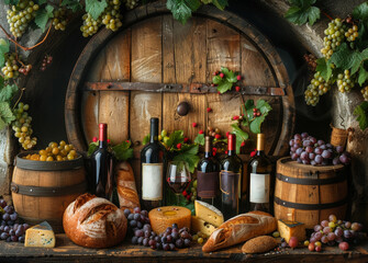 Obraz premium Wine cheese grapes and bread on barrel
