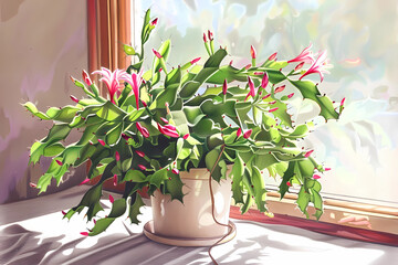 Christmas Cactus plant (Colored Pencil) - Brazil - Blooms around Christmas, prefers bright, indirect light 
