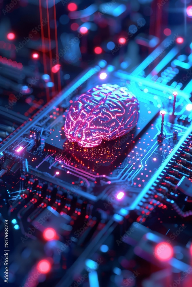 Poster the image shows a circuit board with a brain on it. the brain is glowing pink and the circuit board 
