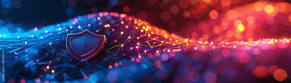 Poster the image is a close-up of a computer chip with red and blue lights in the background.