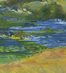 Original  painting of mountains and sea. Yellow filds near seaside  Modern Impressionism