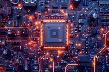 Fototapeta premium The image shows a close-up of a computer circuit board with a glowing orange CPU.