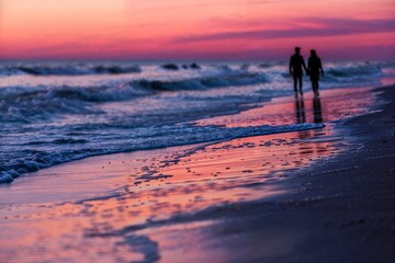 Romantic Sunset Beach Walk with Silhouette of Couple
