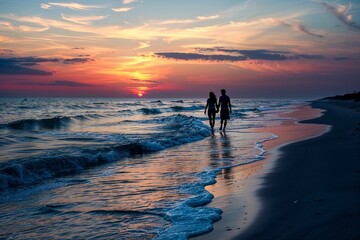 Romantic Sunset Beach Walk with Silhouette of Couple