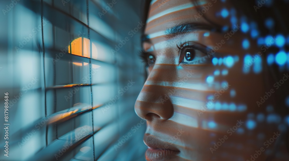 Aufkleber a woman is looking out of a window with a blue screen behind her. the blue screen is filled with a p