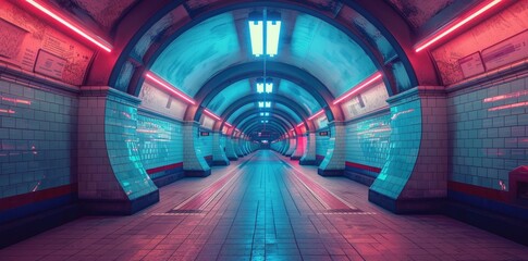 A wide shot of the interior of an old London tube station, retro red and blue color scheme, art style 3d render