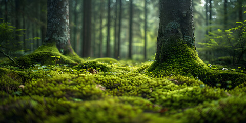 Background of a moss-covered forest floor, providing a natural and earthy feel, ideal for eco-friendly goods or outdoor equipment