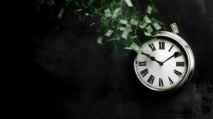 classic alarm clock with money flying around. Time is money. dark background. copy space for your text