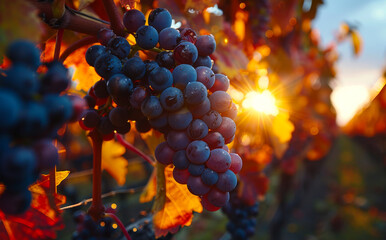 Obraz premium Red grapes in the vineyard at sunset