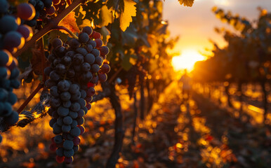 Obraz premium Grapes in vineyard at sunset