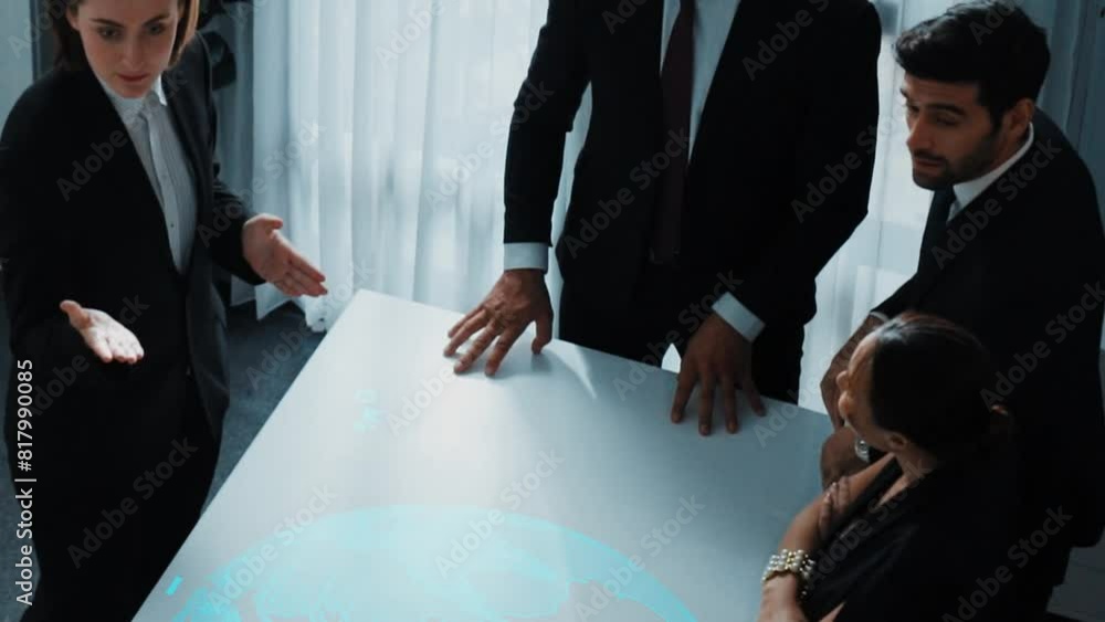 Poster top view of project manager looking hologram of global networking connection table surrounded by div