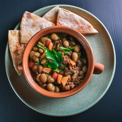 Studio image of Egyptian Arabian Middle Eastern Traditional food Fava bean with bread top view