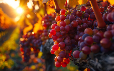 Obraz premium Red grapes in vineyard at sunset