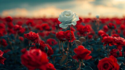 A single white rose blooming amidst a field of red roses, symbolizing asexuality