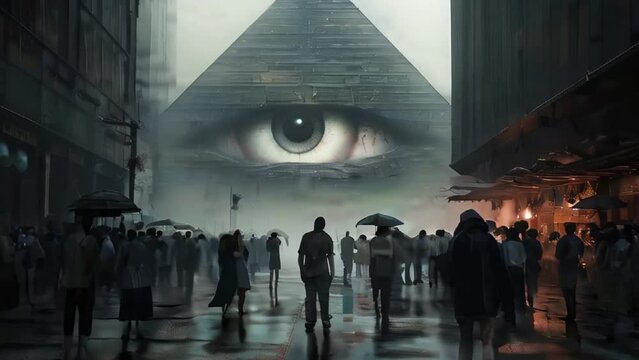 Illuminati Concept of a Giant Eye Within a Pyramid Spying on People Walking on a City Street