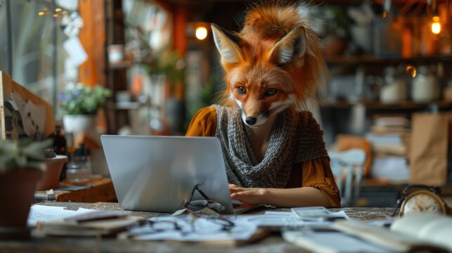 A businesswoman in a fox costume analyzing financial reports on a laptop