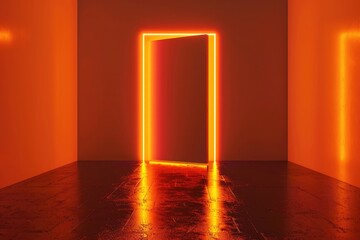 Abstract empty room with door and neon light, minimalistic interior design concept