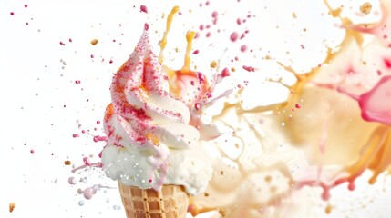 Ice cream scoop ball with fruits toppings on white background cutout. Delicious ice cream isolated on white background.