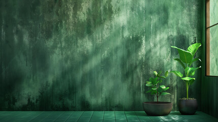 A green wall with a plant in a pot and another plant in a pot