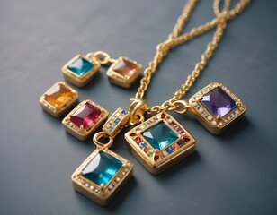 A gold necklace with colorful gemstone-encrusted square pendants