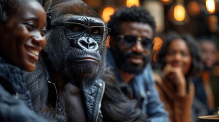 A business leader in a gorilla outfit discussing a new project with team members