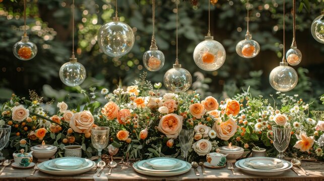 elegant garden party, create a charming and elegant summer gathering with floral decorations, hanging ornaments, and a vintage tea set in a whimsical garden party scene