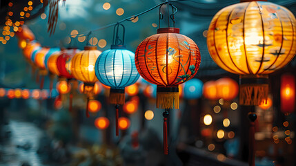 Naklejka premium Background of bright traditional chinese lanterns