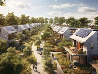 Residents enjoying a sunny day in a modern eco-village
