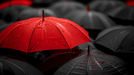 Concept image with lots of black umbrellas and a red umbrella that stands out, be unique 