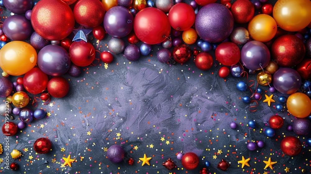 Poster a black background adorned with balloons and confetti, providing a space for text or an image insert