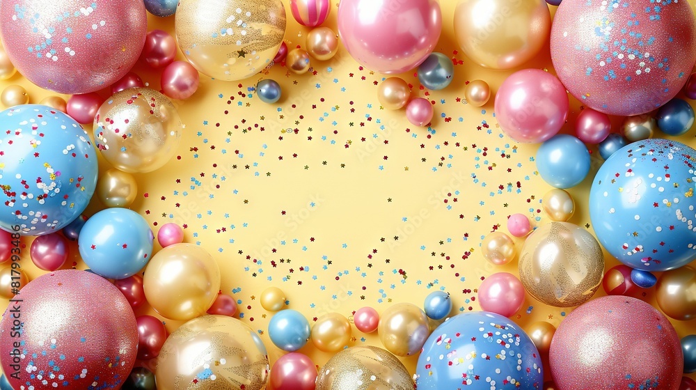 Poster a circle of balloons and confetti on a yellow backdrop with text space
