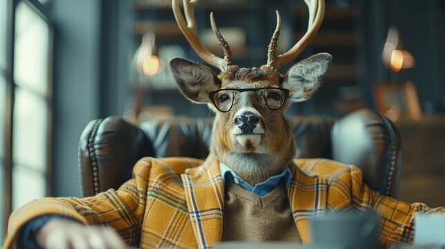 A CFO dressed as a deer reviewing stock market trends in a sleek boardroom