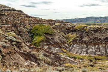 Badlands and fall colours around the town. Drumheller, Alberta, Canada