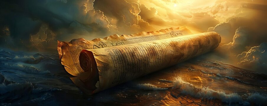Ancient scriptures unfurling like a scroll, revealing scenes of creation, miracles, and divine intervention
