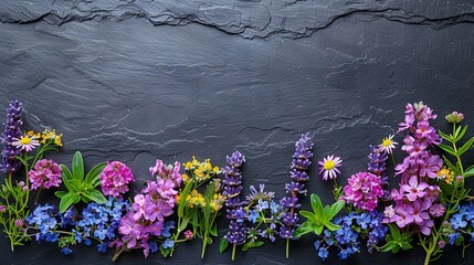  A group of flowers arranged in front of a black backdrop, surrounded by a stone background