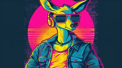   A person wearing headphones and a jacket with a kangaroo on its chest is shown against a sunset backdrop