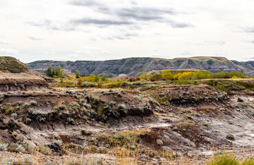 Badlands and fall colours around the town. Drumheller, Alberta, Canada