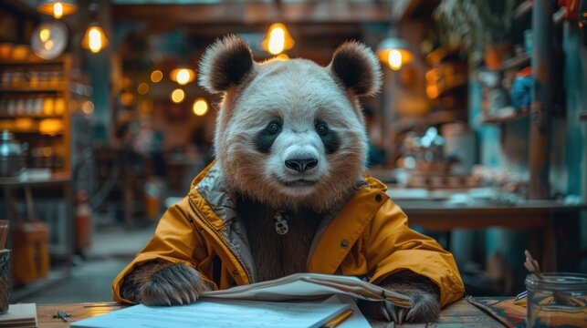 A director in a panda outfit brainstorming with a team in a creative workspace