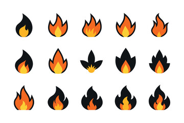Set of fire flat line icons, flames, flame of various shapes, bonfire vector illustration Silhouette Design with white Background and Vector Illustration