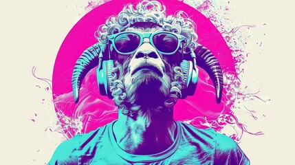   A man in headphones and glasses holds a goat's head against a pink-blue background