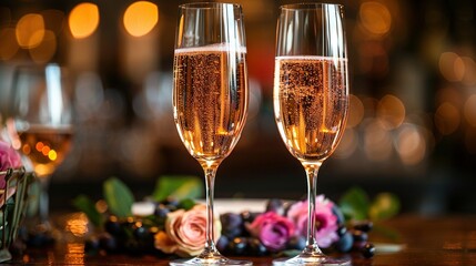   Two glasses of champagne resting on a table with a basket of flowers and a vase of flowers in the background