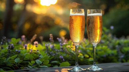   Two glasses of champagne on a wooden table with purple flower field background