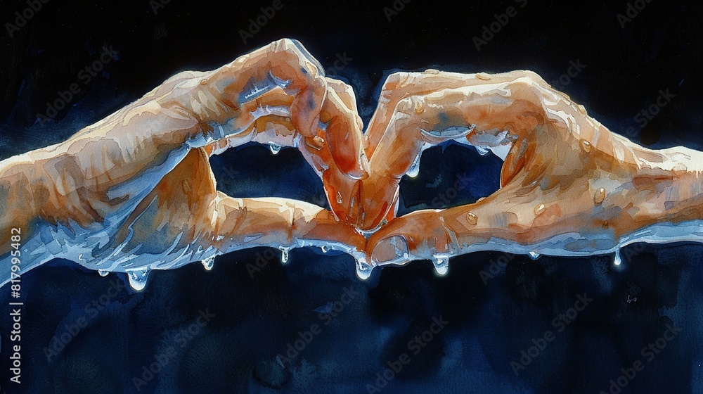 Poster a painting of two hands forming a heart shape with water dripping from the top and bottom to create 