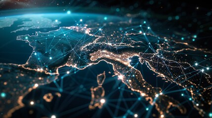 World map glows with lights connected to satellite networks, fragmented icons, dynamic lines, infinity nets