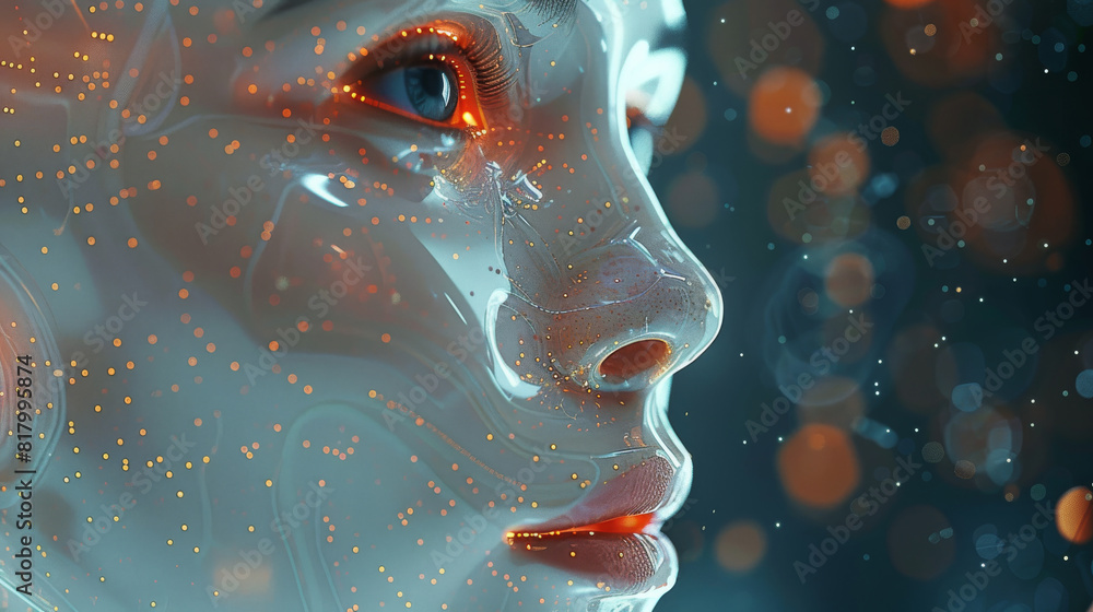 Poster Embark on a journey of discovery with this abstract digital human face, a symbol of the advancements in artificial intelligence. Reflect on the implications of big data or cyber. Generative AI.