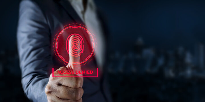 Biometric security system Man uses thumb to access data, Access denied permission system on screen cyber security innovation technology